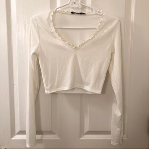 NastyGal White ribbed long sleeve crop top